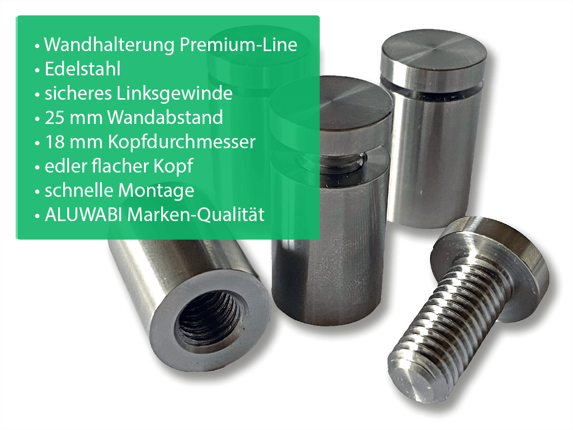 4-er Set Wandhalterung AluFix Premium - aus Edelstahl - flacher Kopf, 18 mm